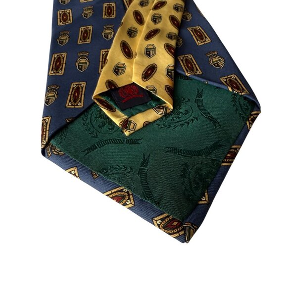 Tommy Hilfiger 100% Silk Tie Navy & Yellow Shield Emblem Design Made In Italy - Picture 7 of 11